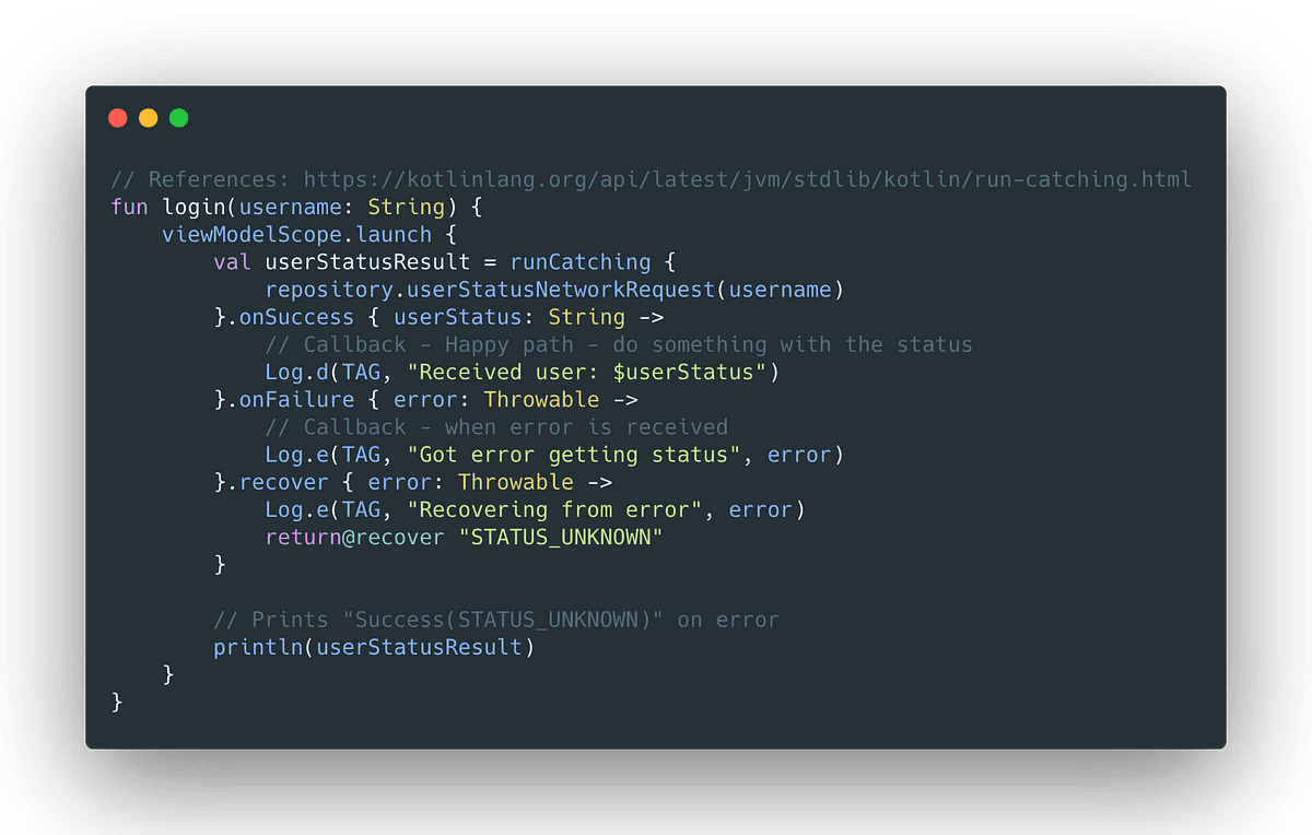 Kotlin coroutines error handling strategy — `runCatching` and `Result` class